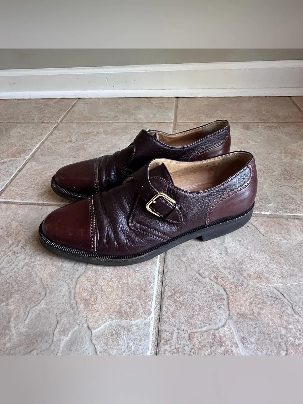 Bruno Magli Cali Monk Strap Shoes Brown Leather Cap Toe Vibram Gumlite sole